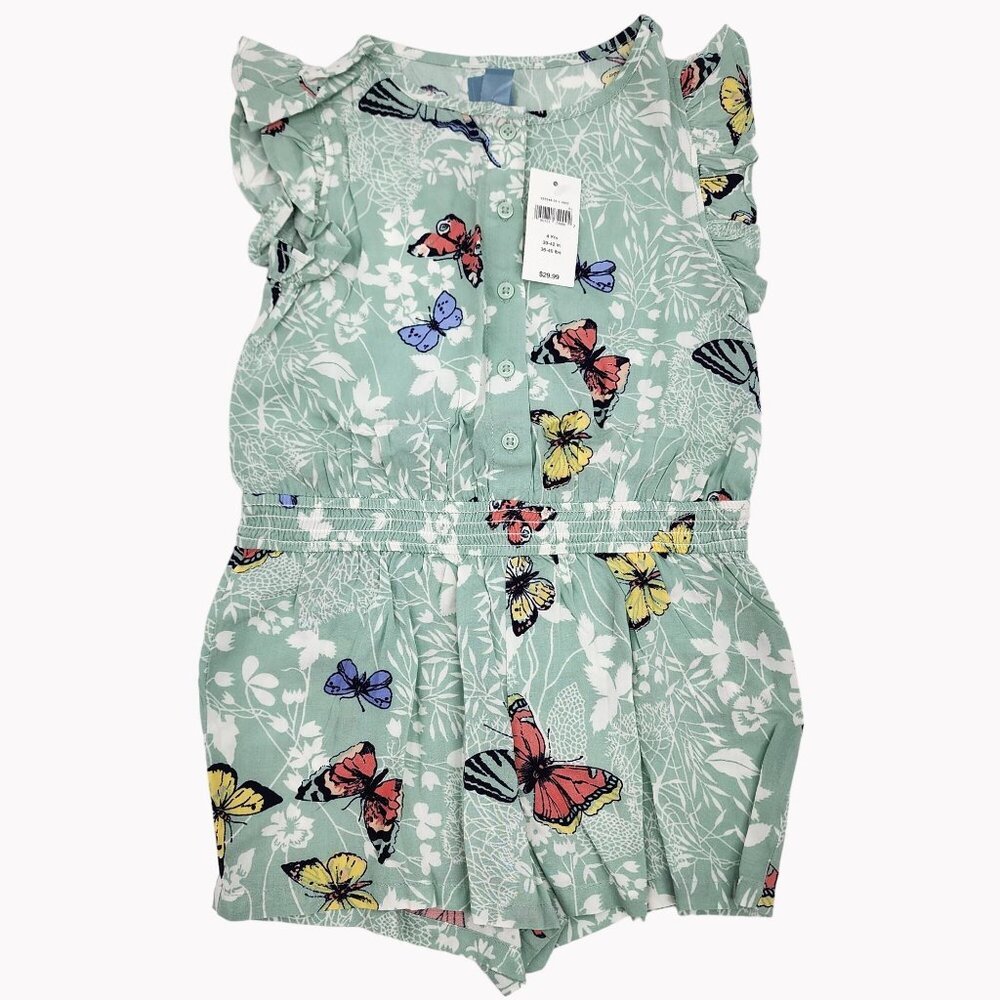 Baby Gap Toddler Girls Size 4 Green Butterfly Print Ruffled Romper Outfit NEW